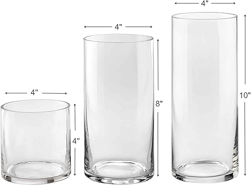 Miniatura 5 de Juego de 3 jarrones cilíndricos de vidrio de 4, 8, 10 pulgadas de alto - Multiuso vela de pilar, portavelas flotantes o florero - Perfecto como