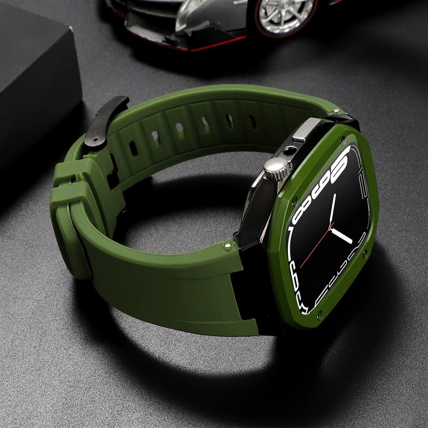Metalowe etui do zegarka + gumowy pasek do zegarka, do Apple Watch Series 8/7 45 mm 6/5/4 SE 44 mm DIY, silikonowy pasek do zegarka ze stali nierdzewnej zestaw do modyfikacji obudowy