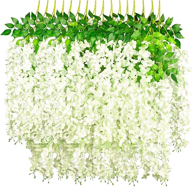 Artificial Wisteria Flowers, 16PCS Fake Wisteria Vine Hanging Garland Flowers, Hanging Trailing Plants Bush String Flower for Outdoor Wedding Home Garden Party DIY Wall Décor Simulation Flower (White