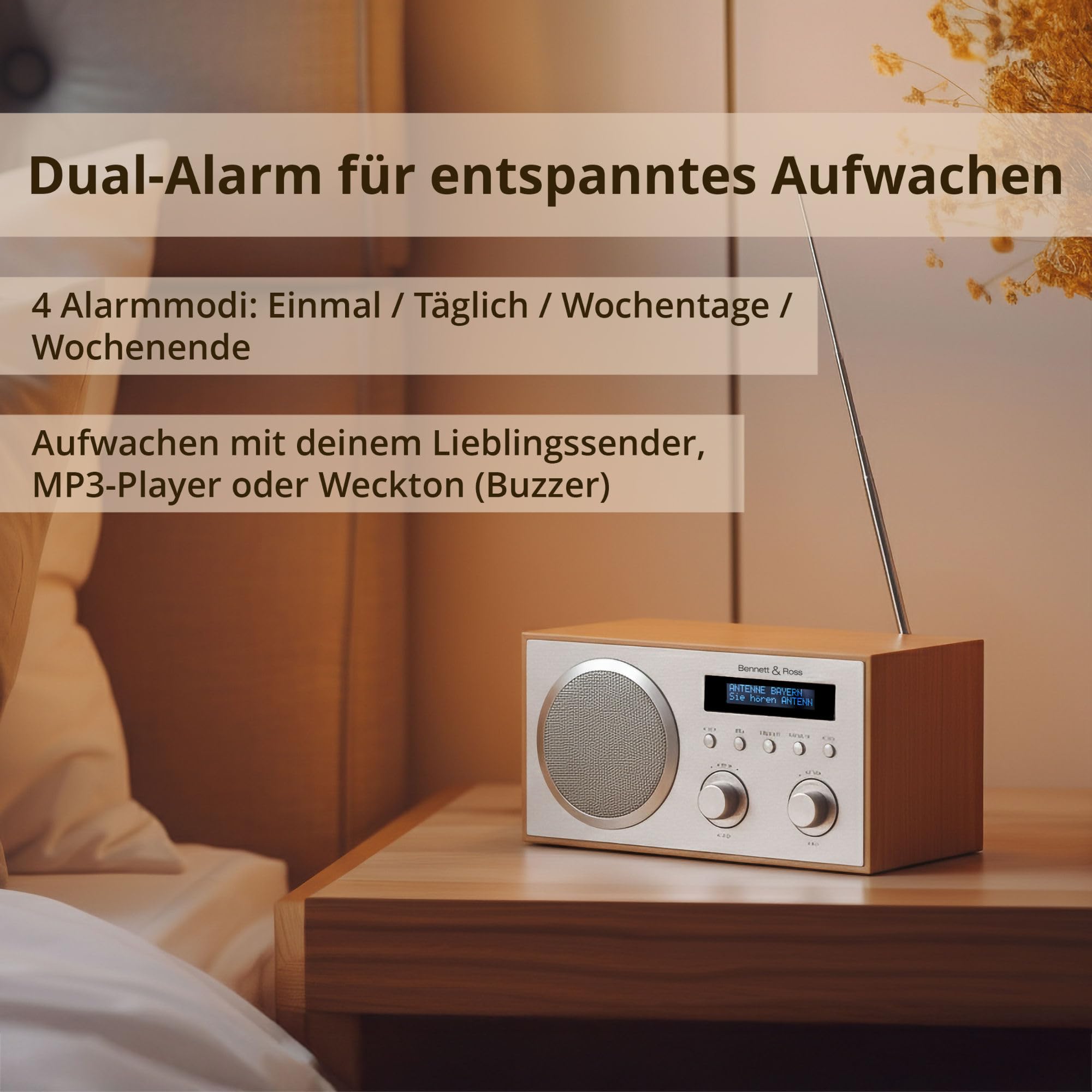 Bennett & Ross DAB-258 NT Vikedal DAB+/FM Digitalradio - Bluetooth Streaming vom Smartphone - USB MP3 Player und AUX - Dual Wecker mit Snooze und Sleep-Timer - LCD-Display - Natur