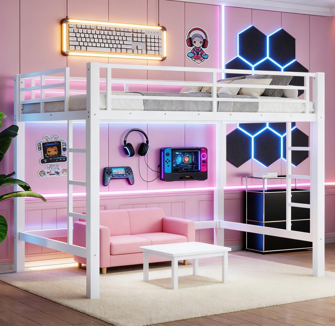 Bellemave Full Loft Bed with 2 Ladder and Guardrails, Metal Loft Bed Frame for Adults, Kids, Teens, White