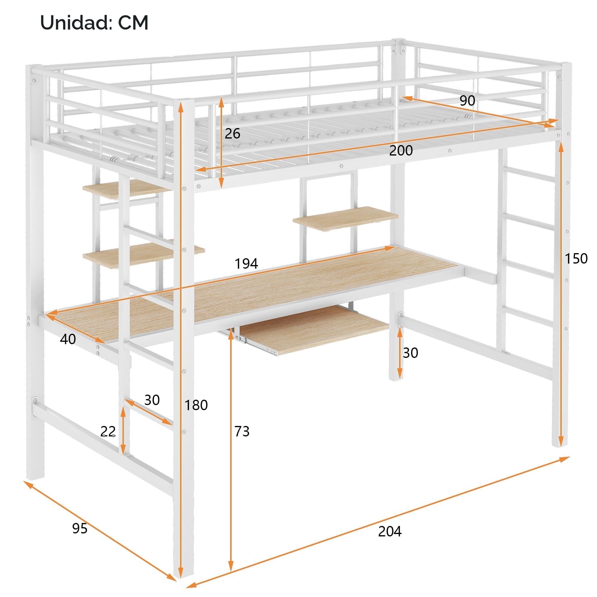 Lcoho Estructura de cama de metal, cama de hierro, cama alta con escritorio y dos estanterías para niños, adolescentes y adultos (blanco, 90 x 200 cm)