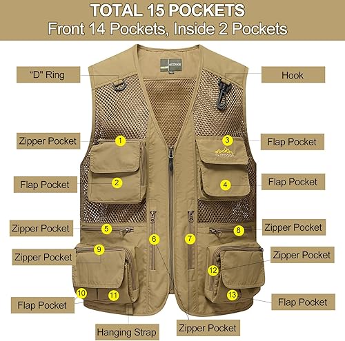 Miniatura 2 de Flygo Men's Utility Cargo Vest Outdoor Fishing Safari Travel Work Photo Vest with Pockets