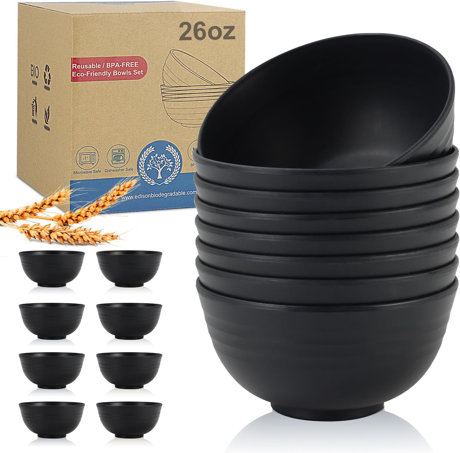 Wheat Straw Bowl Sets,8 PCS Unbreakable Cereal Bowls 26 OZ,Microwave and Dishwasher Safe Bowls,Alternative Plastic Bowl Reusable for cereal,salad,snack and soup (Pure Black)
