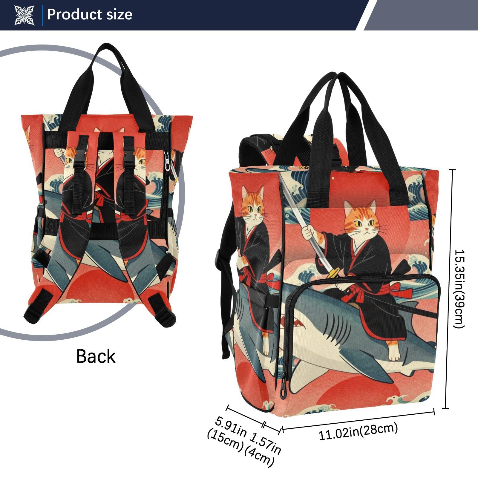 Mochila pañalera para mamás, papás, vintage, japonés, samurái, gato