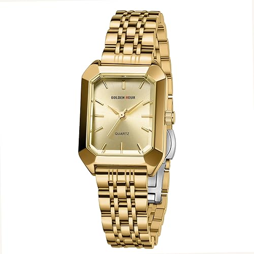 Miniatura 3 de GOLDEN HOUR Reloj rectangular de cuarzo para mujer, correa de acero inoxidable en tono dorado
