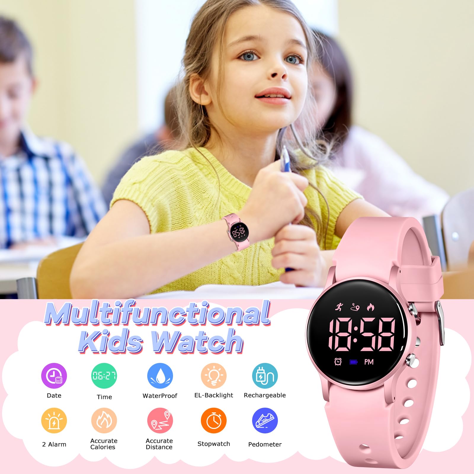 Timever Kinderuhr für Jungen Mädchen, wasserdichte Digitaluhr für Kinder mit Schrittzähler, nicht intelligente Sport-Armbanduhr mit Vibrationsalarm, Schrittzähler, Stoppuhr, Kalender, keine App