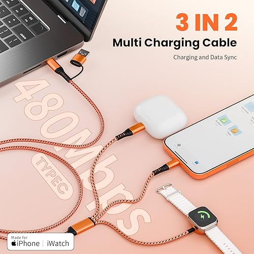 Miniatura 2 de Cargador de viaje para Apple Watch, cable de carga múltiple 3 en 2 con Lightning/USB C/iWatch, cargadores de viaje para múltiples dispositivos,