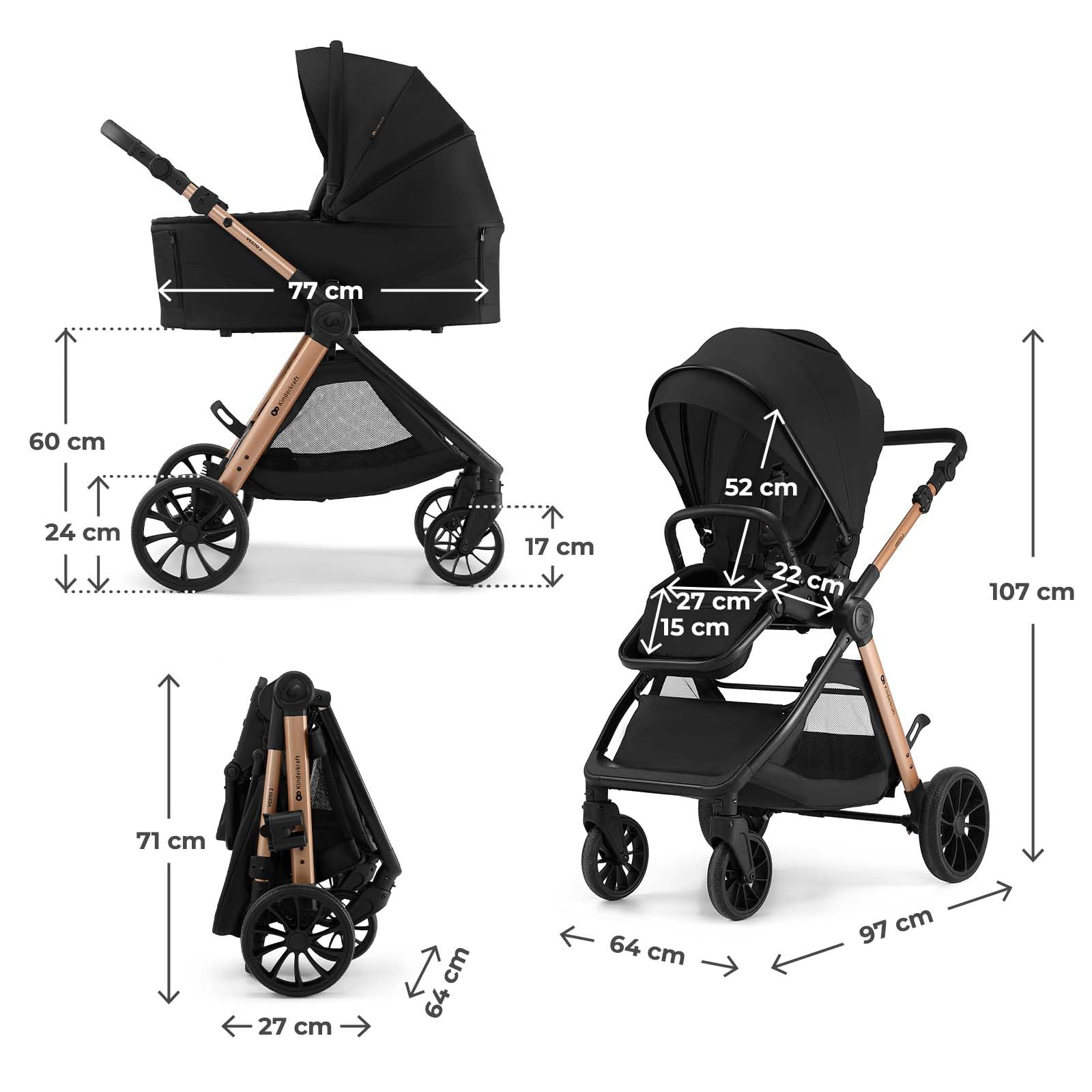 Kinderkraft VESTO 2 Poussette Bébé 3 en 1, Poussette Trio avec Nacelle et Siège Auto MINK PRO 2, Siège Réversible, Travel System, Pliage Compact, Roues EVA, Noir