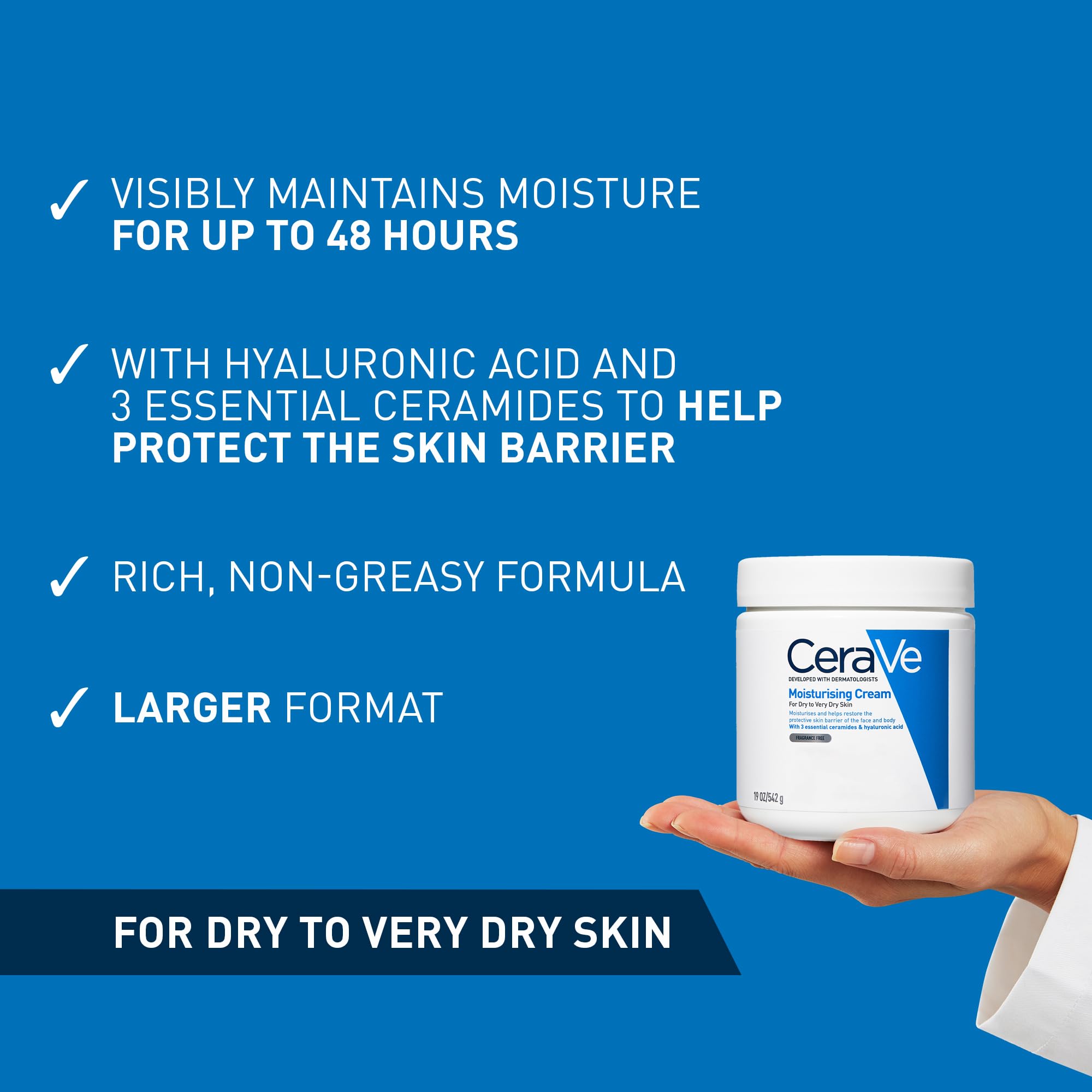CeraVe Moisturising Cream for Dry to Very Dry Skin With 3 Essential Ceramides, Hyaluronic Acid, Face & Body Cream - Image 2