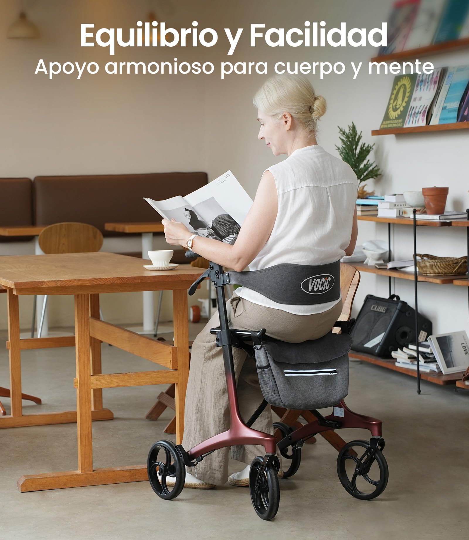 VOCIC Z75 Rollator carbono plegable ligero con asiento, 5,5 kg Ultraligero | andador plegable para ancianos con ruedas, Rollator estrecho interior & exterior, Max 136kg, 5 años de soporte, rojo