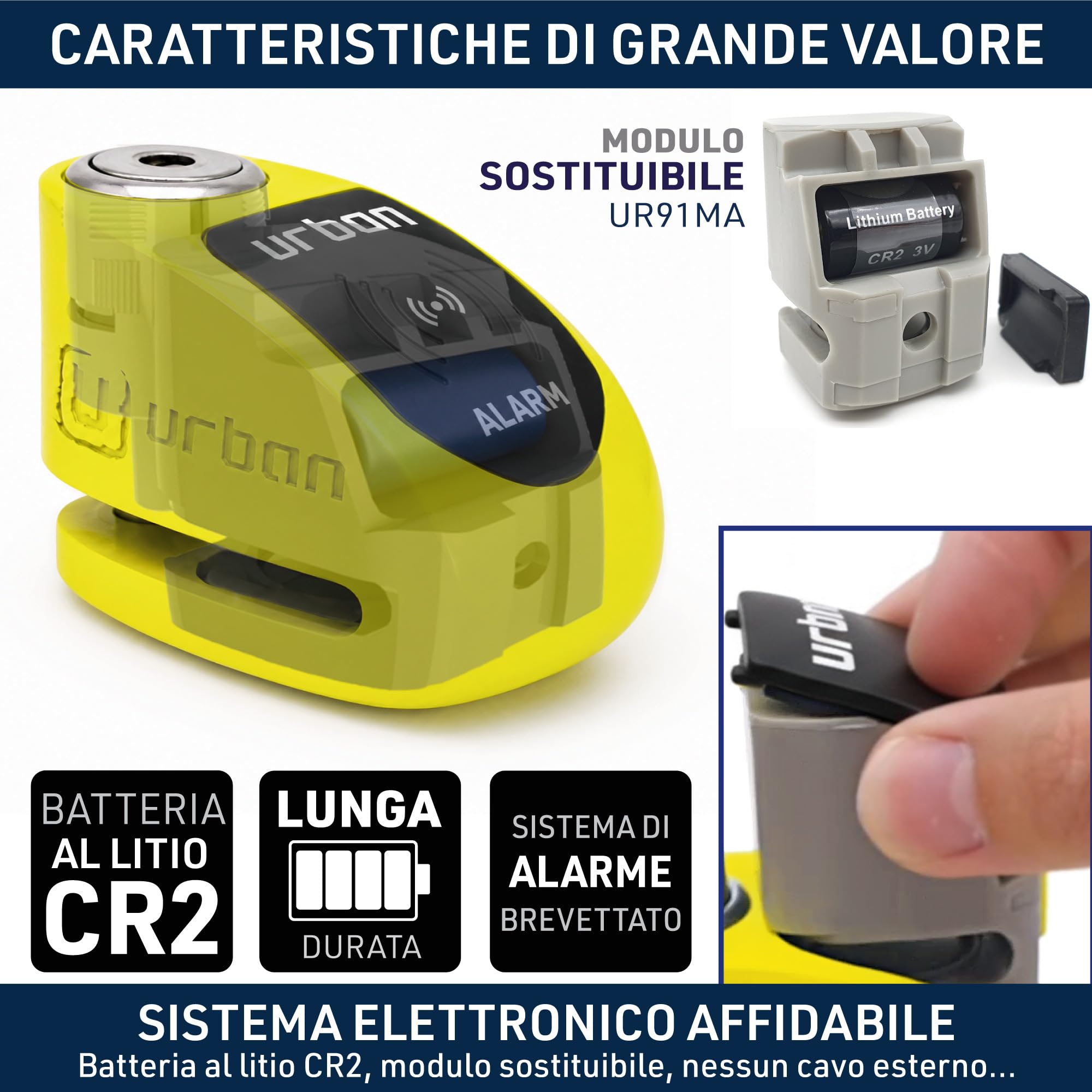 URBAN UR910Y Bloccadisco Moto con Allarme 120 dB, Giallo+Nero in Acciaio Inox Verniciato +Dissuasivo, Omologato SRA e Sold Secure Gold, Doppia Chiusura Ø10 mm, Lucchetto Antifurto Blocca Disco Moto