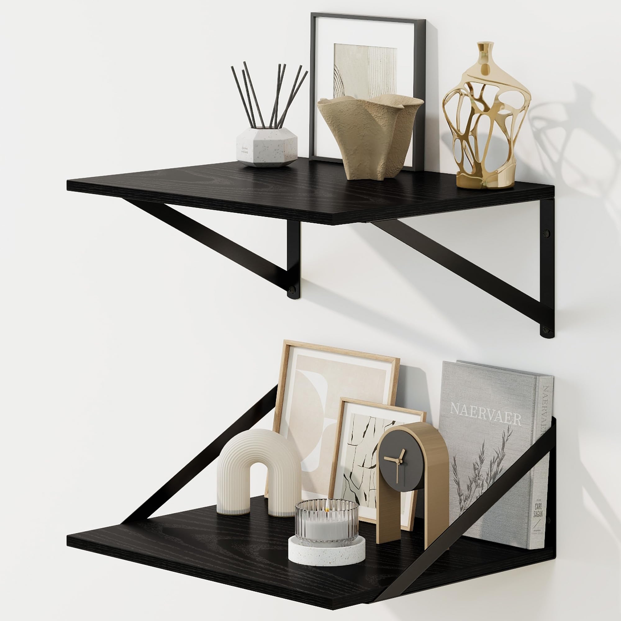 Fun Memories Floating Shelves for Wall, 30 cm Deep Floating Shelves Set of 2, 40 x 30 cm Large Wall Shelf with Sturdy Metal Brackets for Living Room, Bathroom, Bedroom and Kitchen, Black