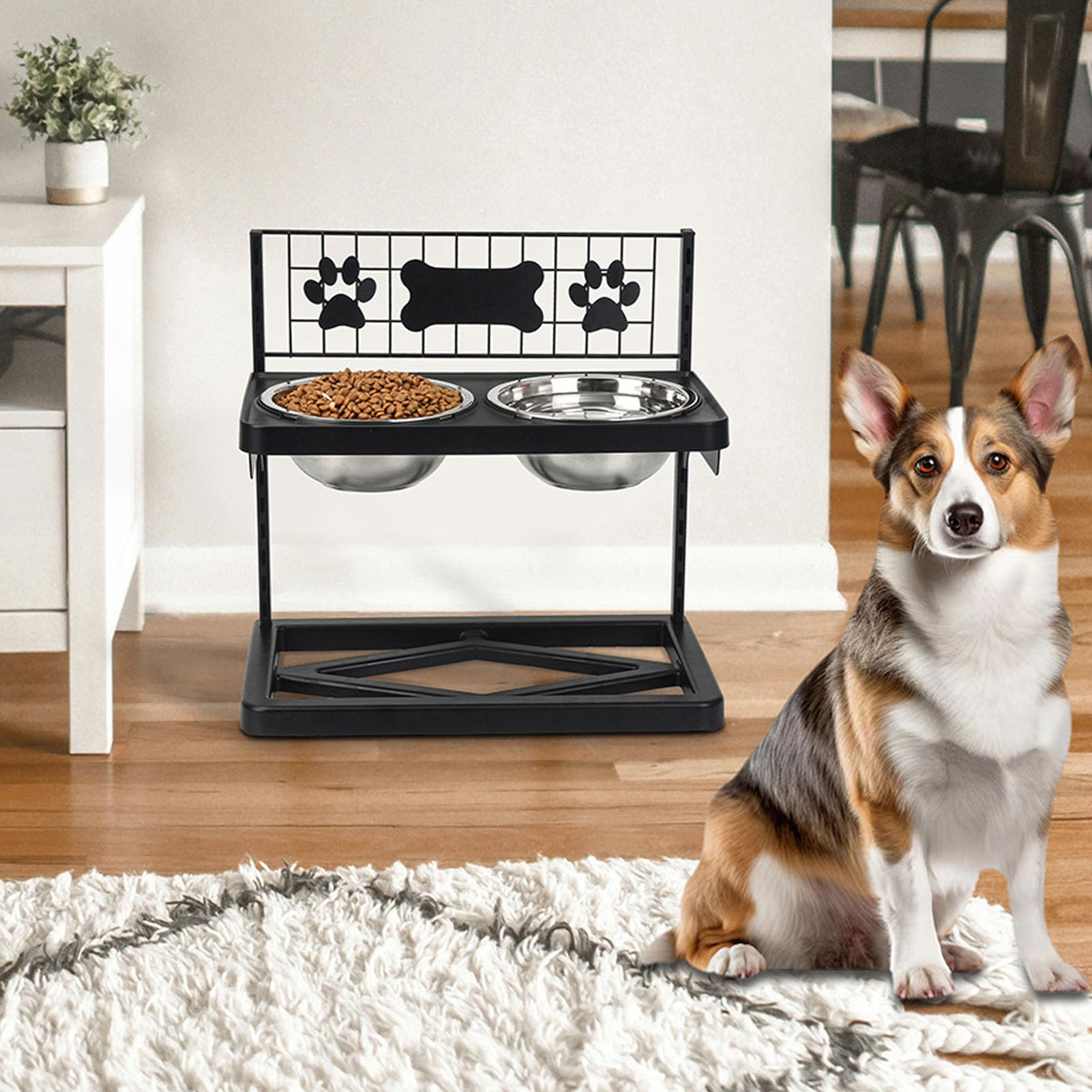 Yctze Soporte Elevado para Comederos de Perros con Altura Ajustable, Soporte Elevado con 2 Cuencos de Acero Inoxidable, Hierro Resistente a la Corrosión, Doble Desmontable