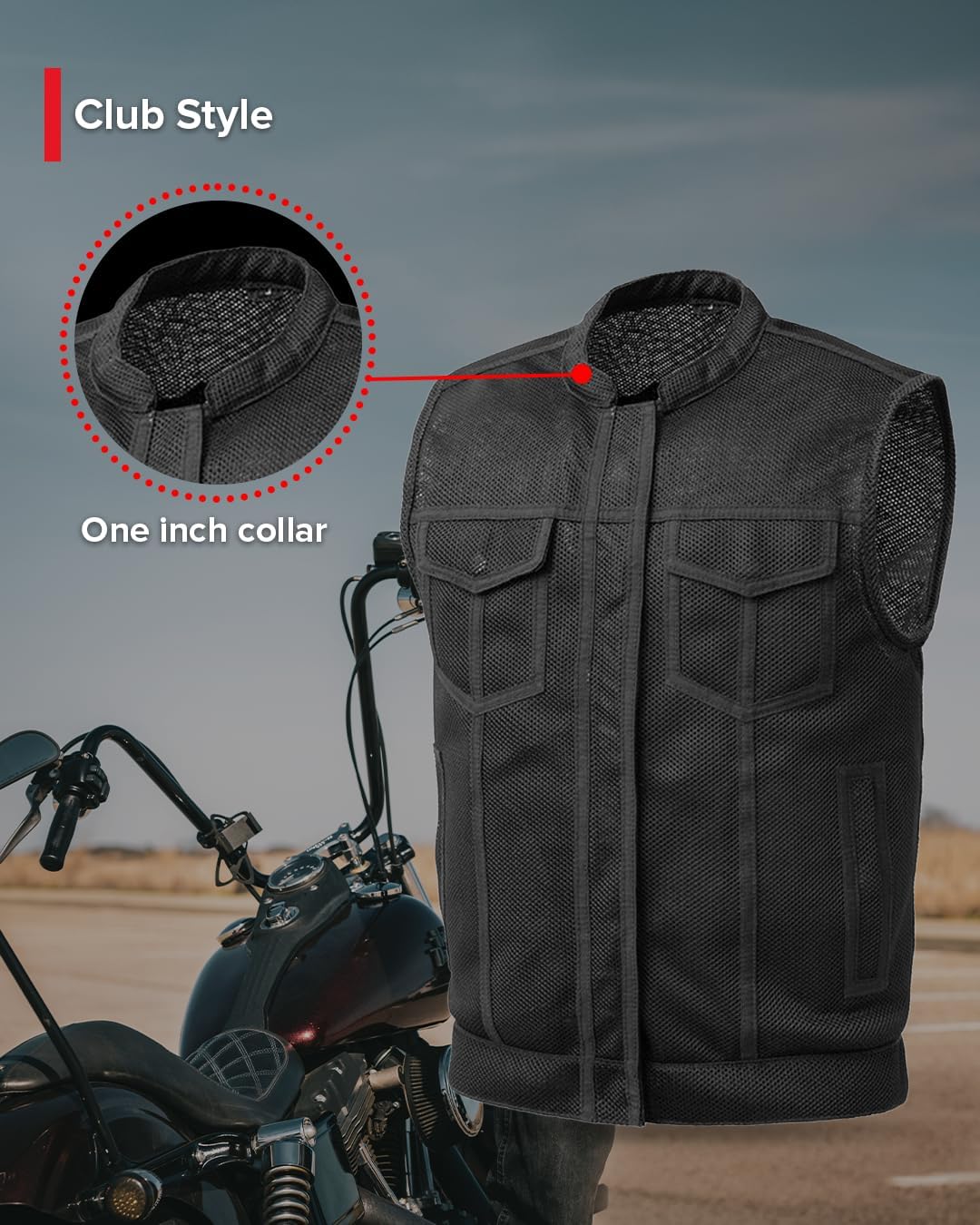 First Mfg Co Sharp Shooter Men's Motorcycle leather Vest - Classic Black Leather, Banded Collar, Covered Snaps