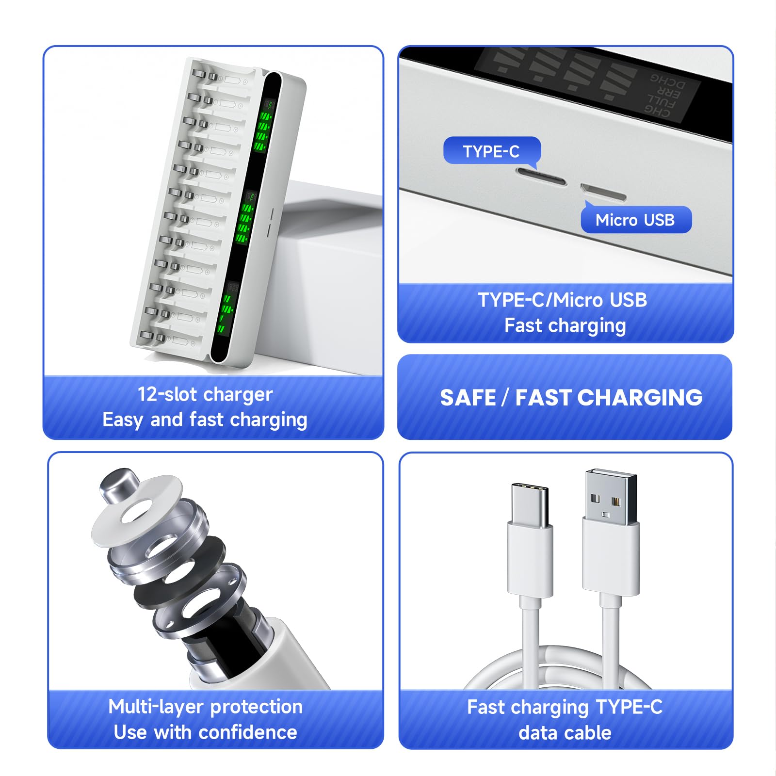 12 piles rechargeables 3000mAh AA avec chargeur, USB type-C 5v2A écran LCD chargeur rapide avec 12 emplacements pour piles rechargeables 1,2 V NiMH AA AAA