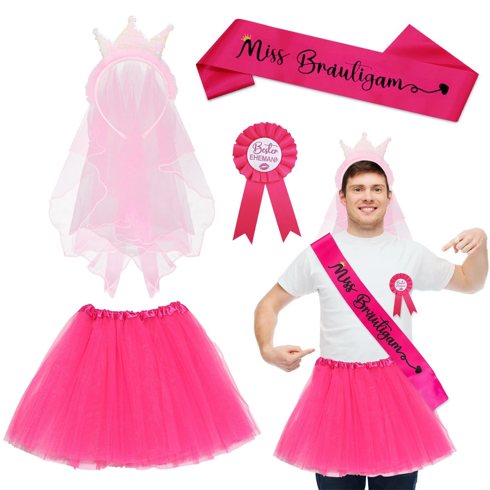 JOKILY JGA - Disfraz de despedida de soltero para hombre, obsequios para fiestas con velo rosa, cinta para la cabeza, falda de tul rosa, banda de soltero, mejor marido insignia accesorios decorativos
