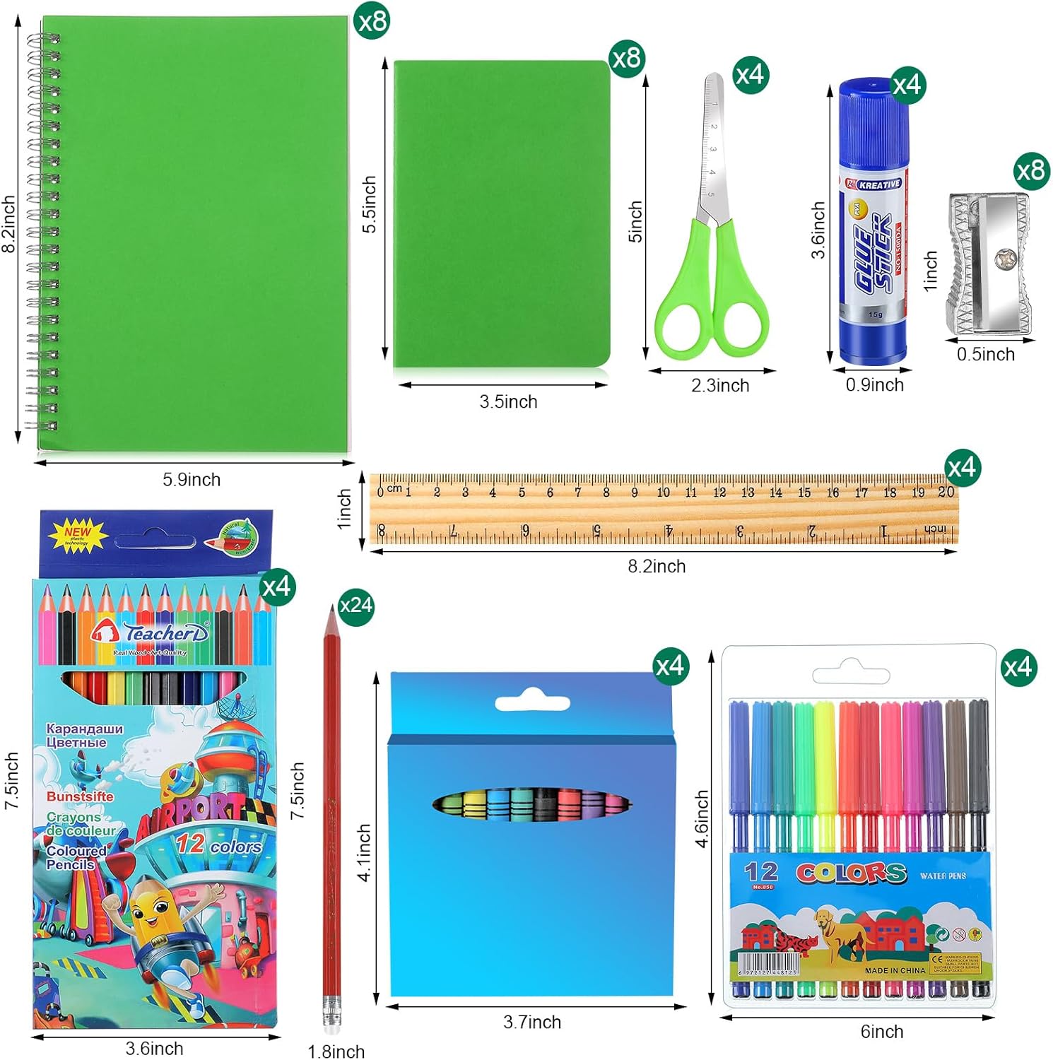 Geyoga 204 Pcs School Supplies for Kids Bulk Back to School Supply Kit School Essential Include Notebook Crayon HB Pencil Color Pencil Watercolor Pen Scissor Sharpener Solid Glue Ruler (Green)