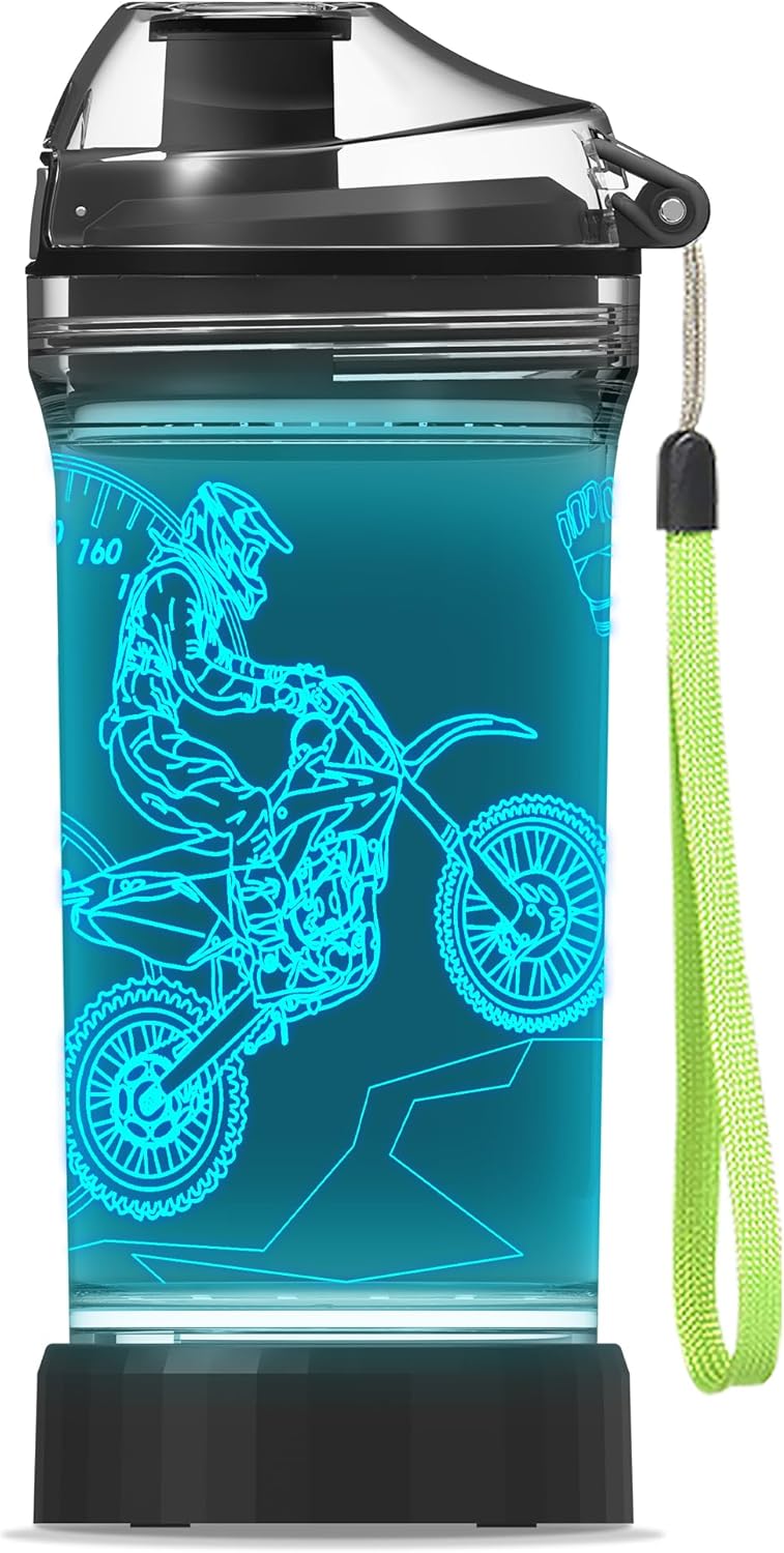 YuanDian Light Up Kids Water Bottle with 3D Dirt Bike Design- 14 OZ Tritan BPA Free Eco-Friendly – Cool Drinking Cups Gift for School Kids Boy Child Motocross Rider