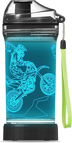 YuanDian Botella de agua iluminada para niños con diseño 3D de motocross - 14 onzas Tritan libre de BPA ecológica - Vasos frescos para beber regalo