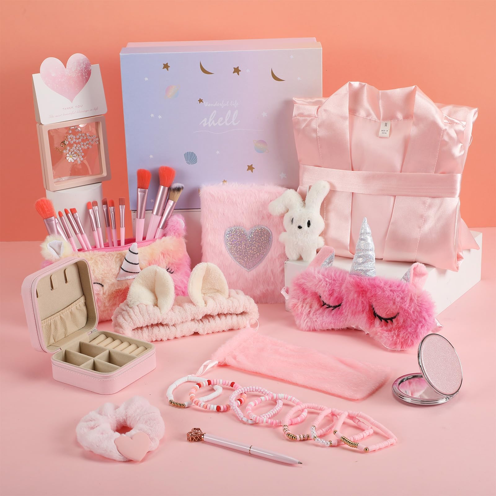 Eurzom Set di 16 pezzi rosa per ragazze adolescenti, alla moda, regalo di compleanno per ragazze adolescenti di età 12-16 anni, trousse pelose per il trucco, taccuino, bracciali, set con scatola