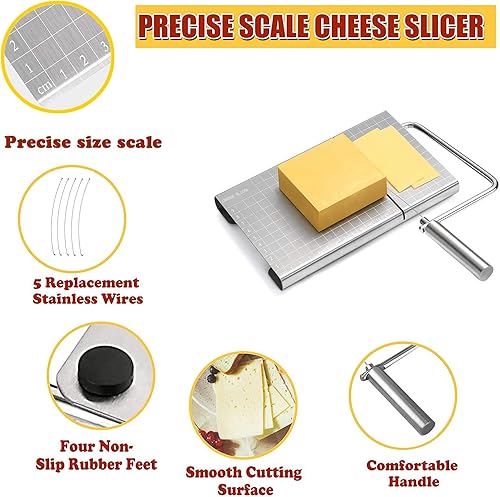 Miniatura 2 de Cortador de mantequilla de acero inoxidable con escala de tamaño preciso, para rebanar queso y mantequilla, equipado con 5 cables de corte de queso
