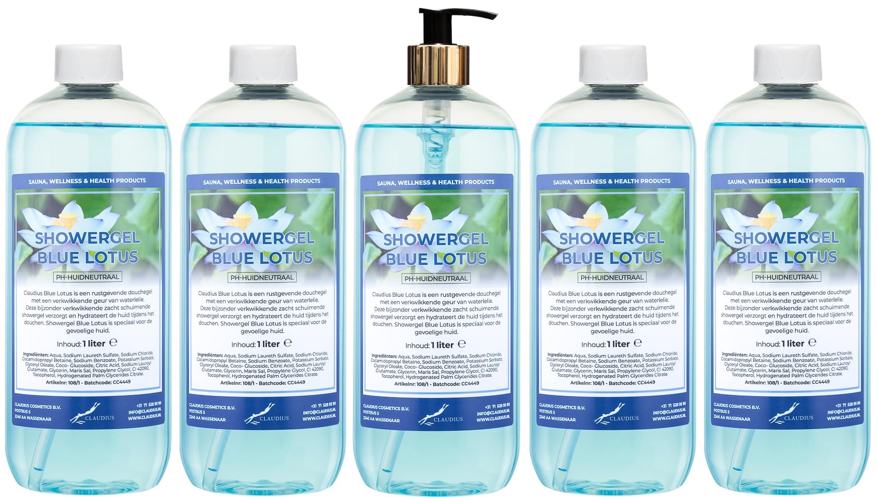 Duschgel Blue Lotus 5 x 1 Liter mit Goldpumpe (transparent)