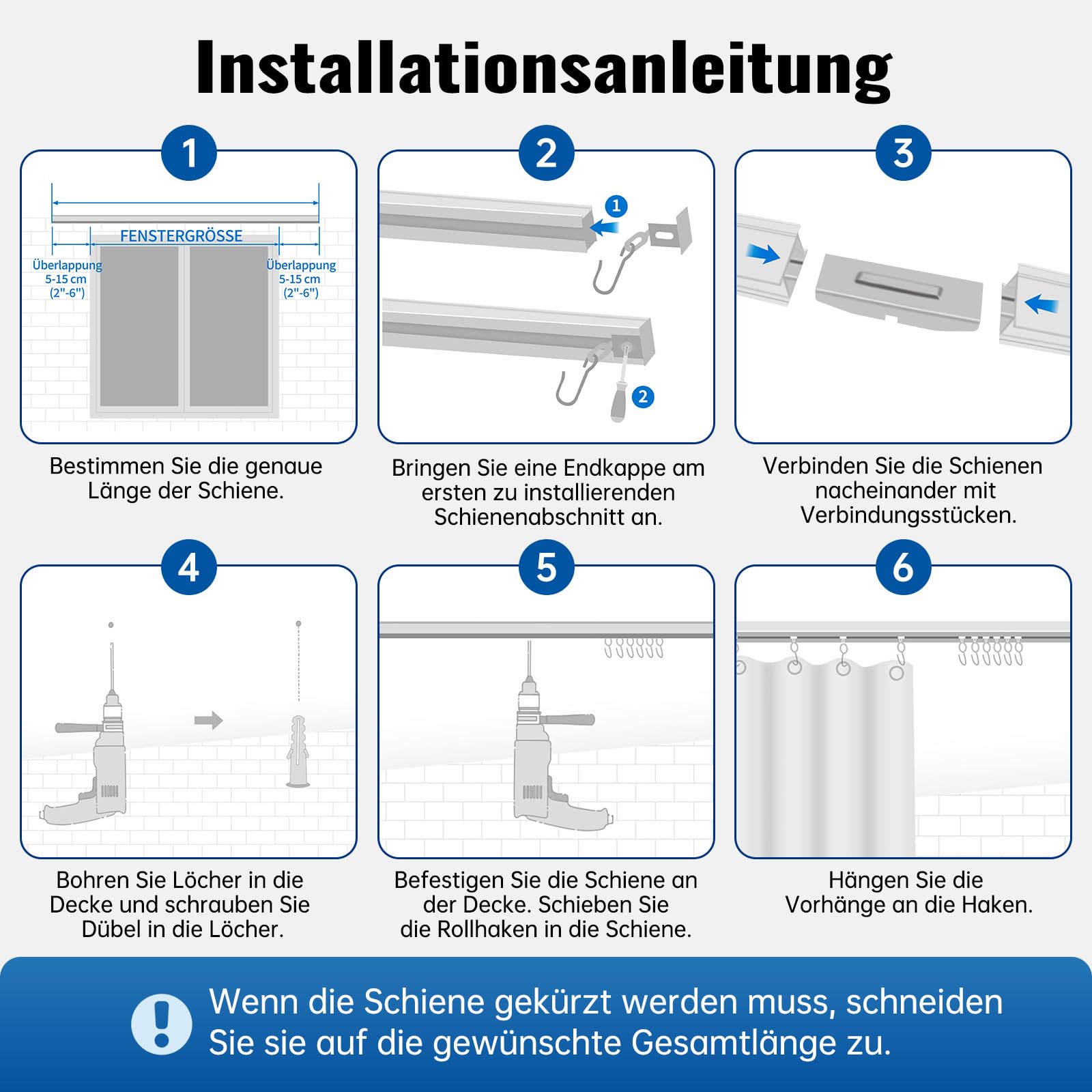 Kit de Rail pour Rideaux de Plafond 92-276 cm | avec Coulisseaux | Rail en Aluminium pour Fenêtre, Chambre et Salon, Blanc