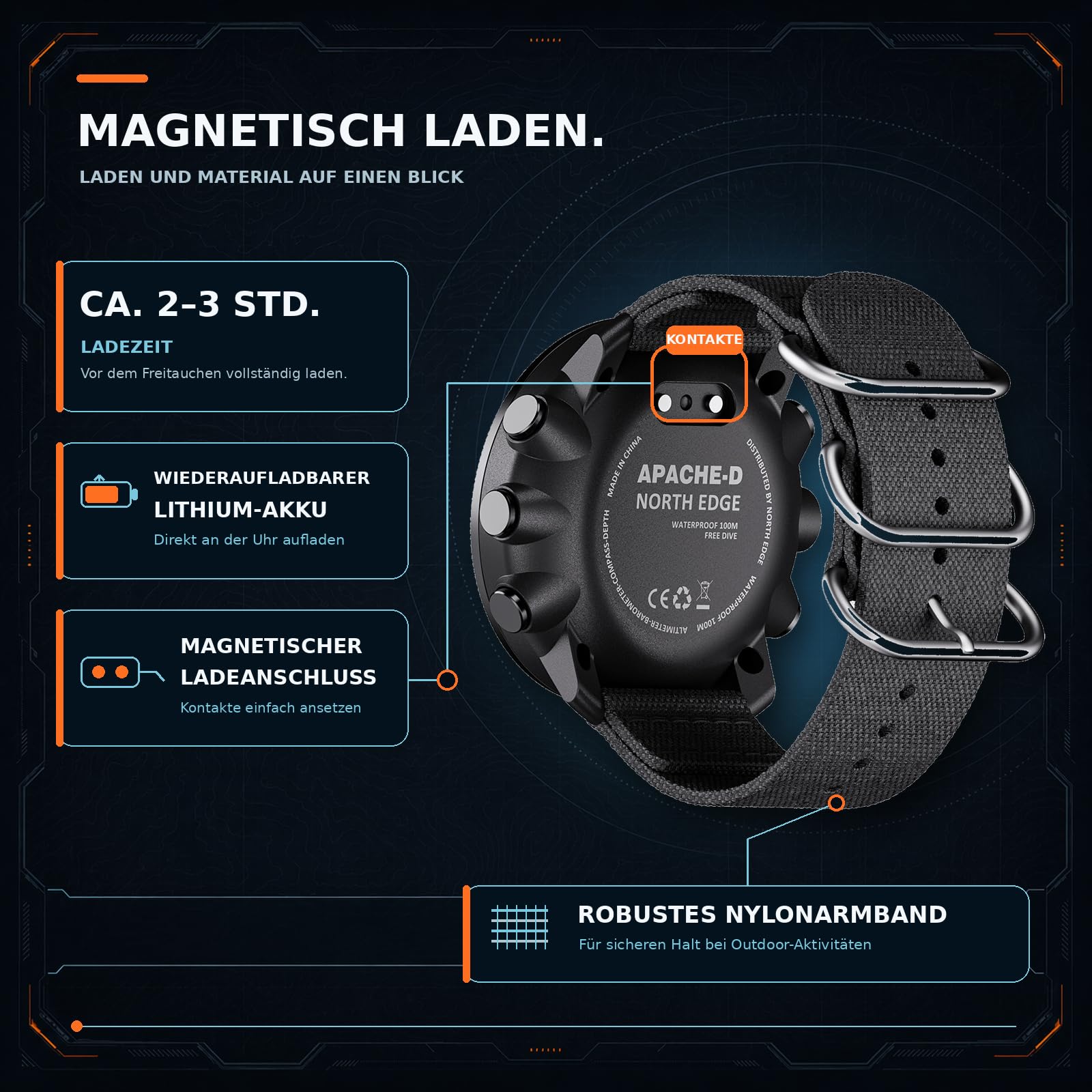 NORTH EDGE Apache-D Herren Outdoor Digitaluhr, 50 m Freitauchuhr mit Tiefenmesser, Kompass, Höhenmesser, Barometer und Schrittzähler