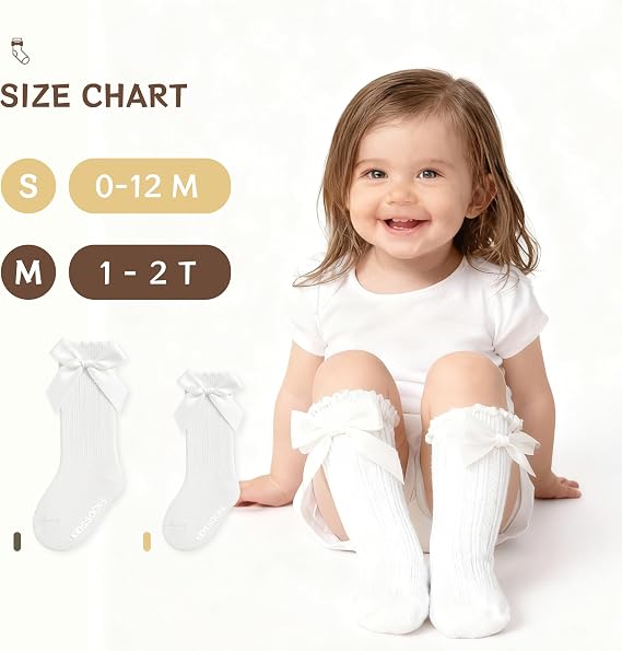 Baby Knee High Socks Non Slip Baby Girl Socks Cotton Bow Infant Stockings Ruffle Toddler Long Sock 0-12M/1-2Y