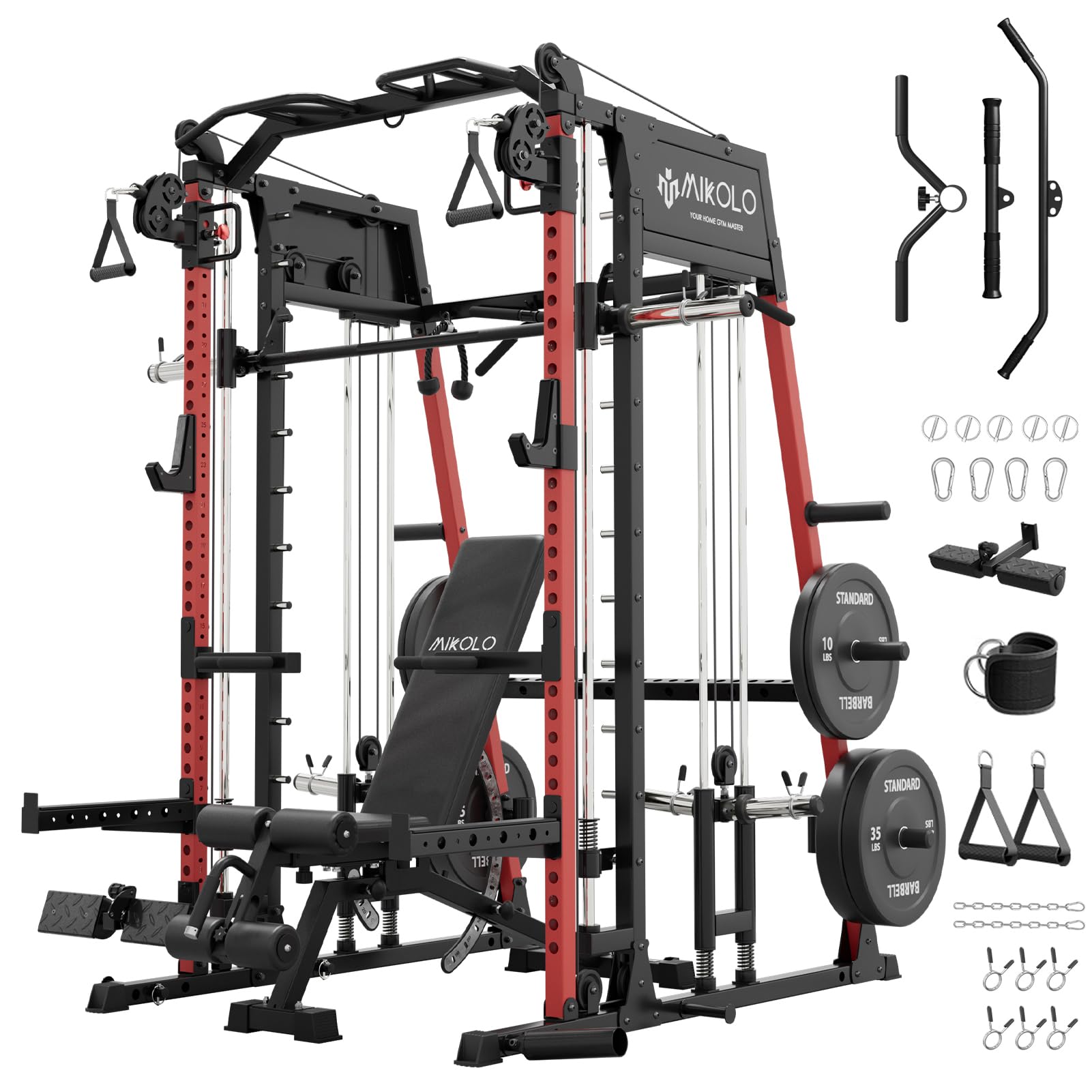 Mikolo M4 2.0 Smith Machine, 2200lbs Squat Rack with LAT-Pull Down System &amp; Cable Crossover Machine, Training Equipment with Leg Hold-Down Attachment
