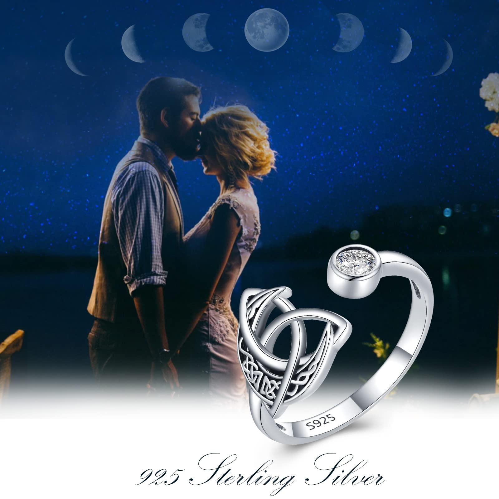 Keltischer Knoten Ring 925 Sterling Silber Keltische Mond Verstellbarer Offener Ring Keltischer Schmuck Geschenke für Damen Frauen Schwester Freunde Herren
