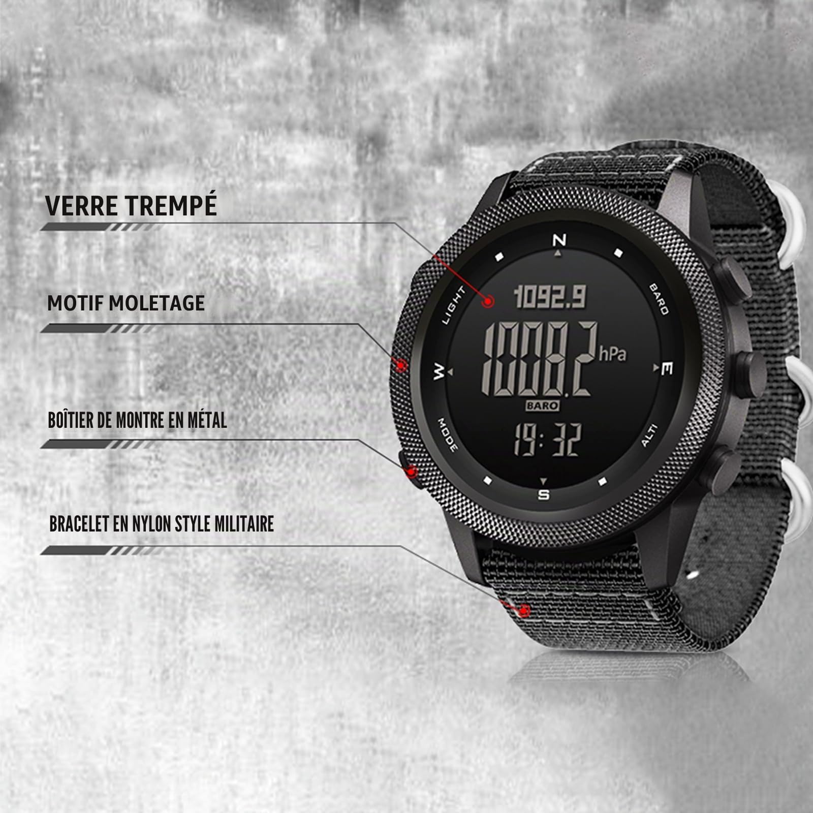 Jemora Montre numérique multifonctionnelle Hommes Sports de Plein air Course Natation Sport de Plein air Montres altimètre baromètre Boussole étanche