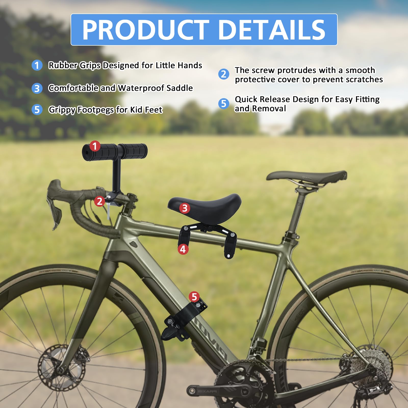 BWBIKE Asiento Bicicleta Infantil Delantero Extraíble para Niños 2-5 Años con Reposapiés, Manillar de Seguridad y Pedales - Compatible con MTB Bicicletas Adultas (Montaje Frontal)