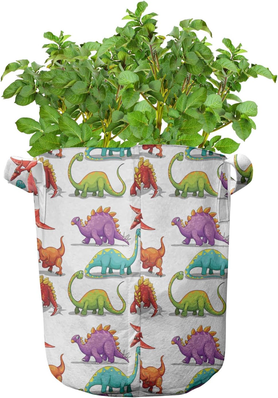 Lunarable Jurassic Grow Bags 5-Pack, Colorful Cartoon Herbivore, Heavyduty Fabric Pots with Handles for Plants, 7 Gallon, Multicolor