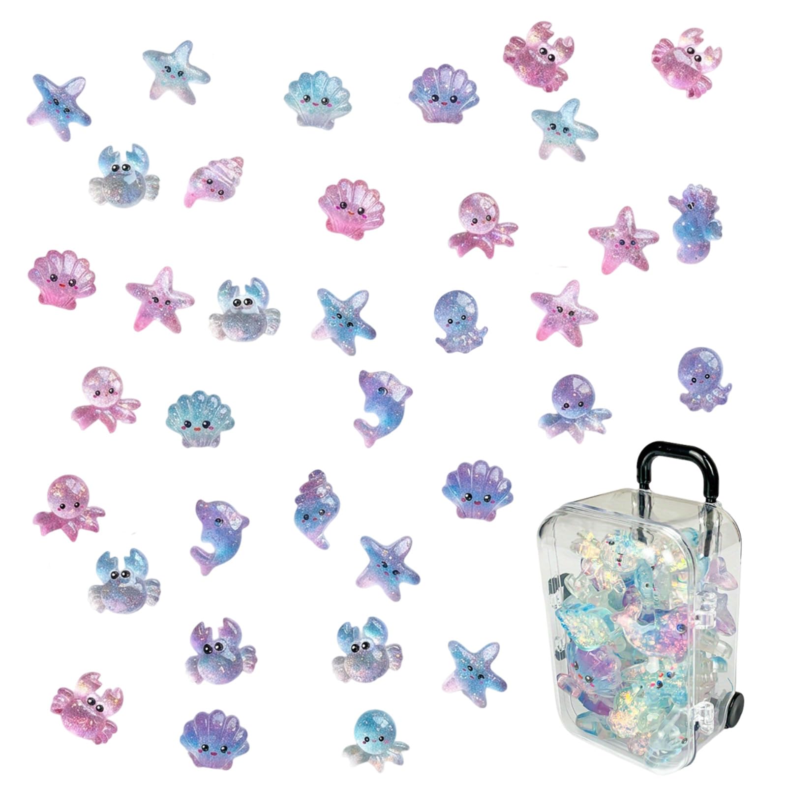 Mini Animals, 35 Crystal Marine Figures with Portable Suitcase, Tiny Resin Animals for Aquarium Decor, Fairy Gardens and DIY Miniature Projects, Glass Animal Figures Mini Collection