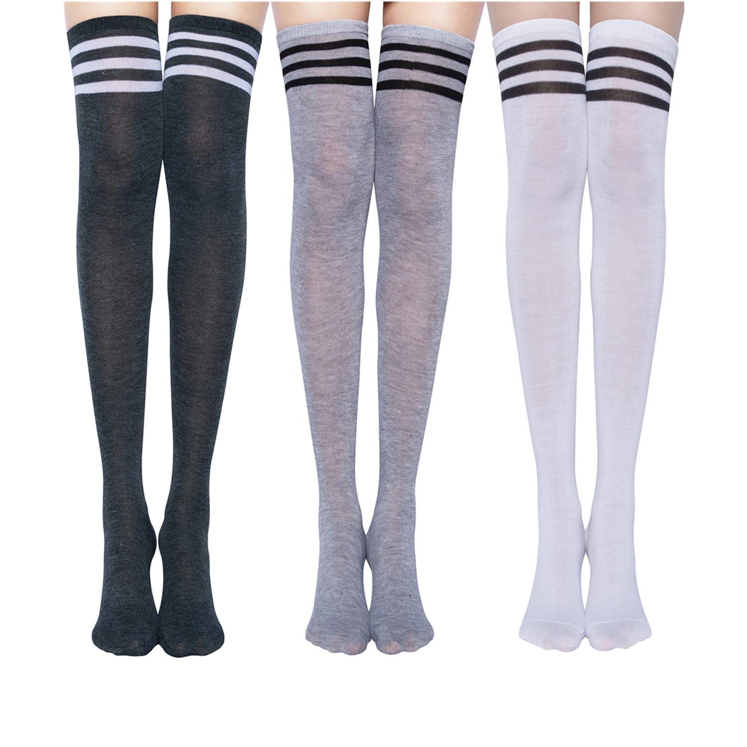 Chalier 3 Pares Calcetines Largos a Rayas para Mujeres sobre Rodilla Altos Muslo Talla única
