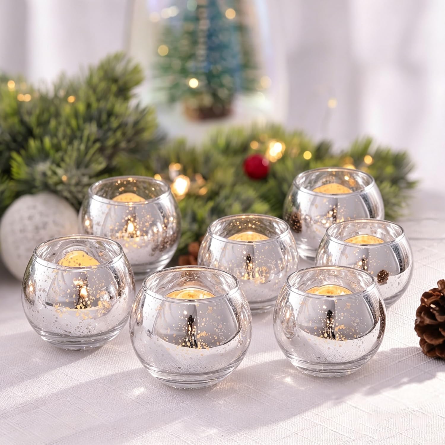 6pcs Tea Light Candle Holders, Votive Candle Holders, Decorative Mercury Glass Tealight Holders for Wedding, Christmas, Party, Anniversary, Holiday, Home Table Centerpieces(6, Silver)