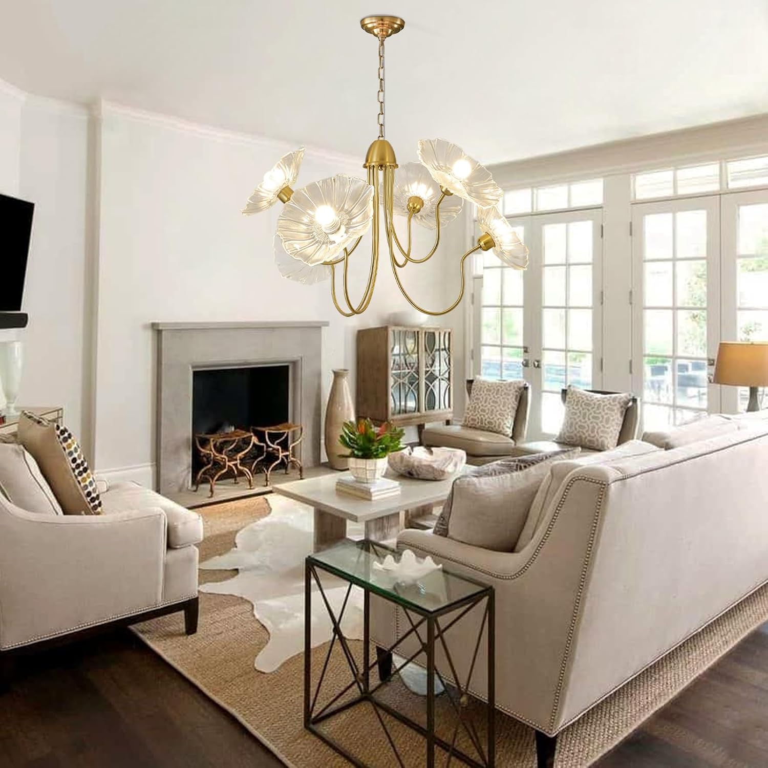 33.4" Modern Floral Glass Chandelier, 6-Light Extra Large Ceiling Light Fixture with Clear Flower Shades, Brass Gold Accents for Living Room, Bedroom, Dining Room