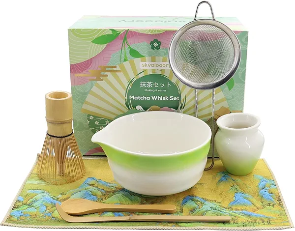 Skvalooory Matcha Whisk Set 7 Pcs Ceremony Kit - Gradient Glaze Ceramic Bowl, Bamboo Chasen & Holder, Sifter Scoop Gift for Matcha Lovers (Christmas/Birthday) (Green)