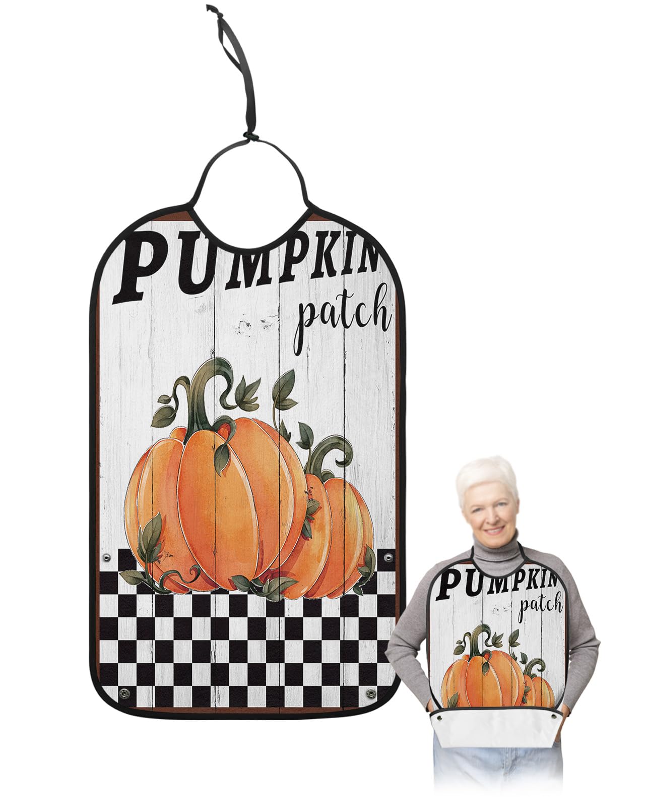 Thanksgiving Pumpkin Patch Adult Bibs for Eating, Waterproof Bibs with Food Catcher & Adjustable Snap Closure, Rustic Wood Black and White Plaid Clothing Protectors Adult Bibs for Elderly Women/Men