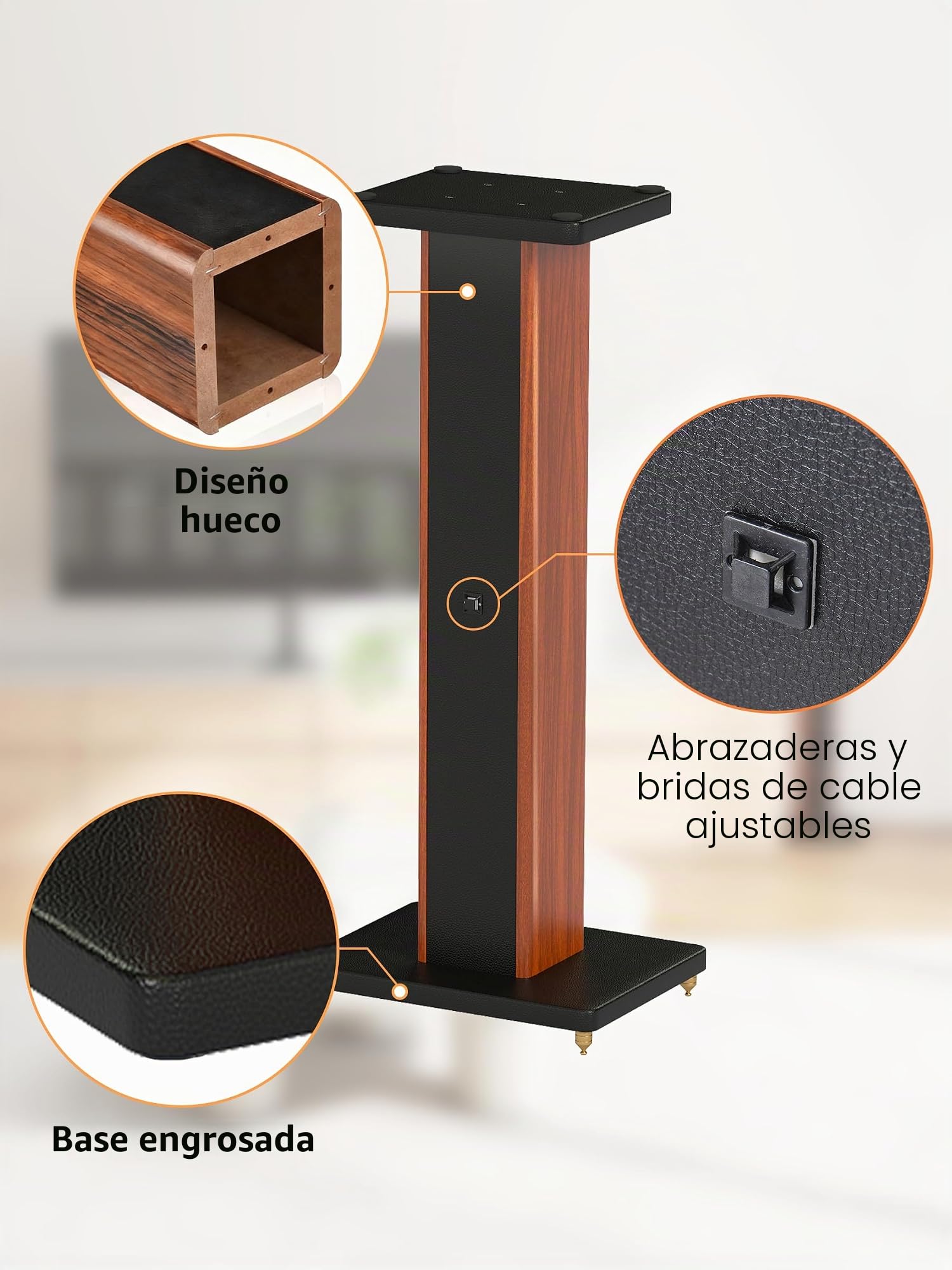 Soporte universal de madera para altavoces con capacidad de carga de 10 kg, par de soportes para cajas (altura 90 cm), con abrazaderas ajustables para cables y bridas, relleno de arena, negro