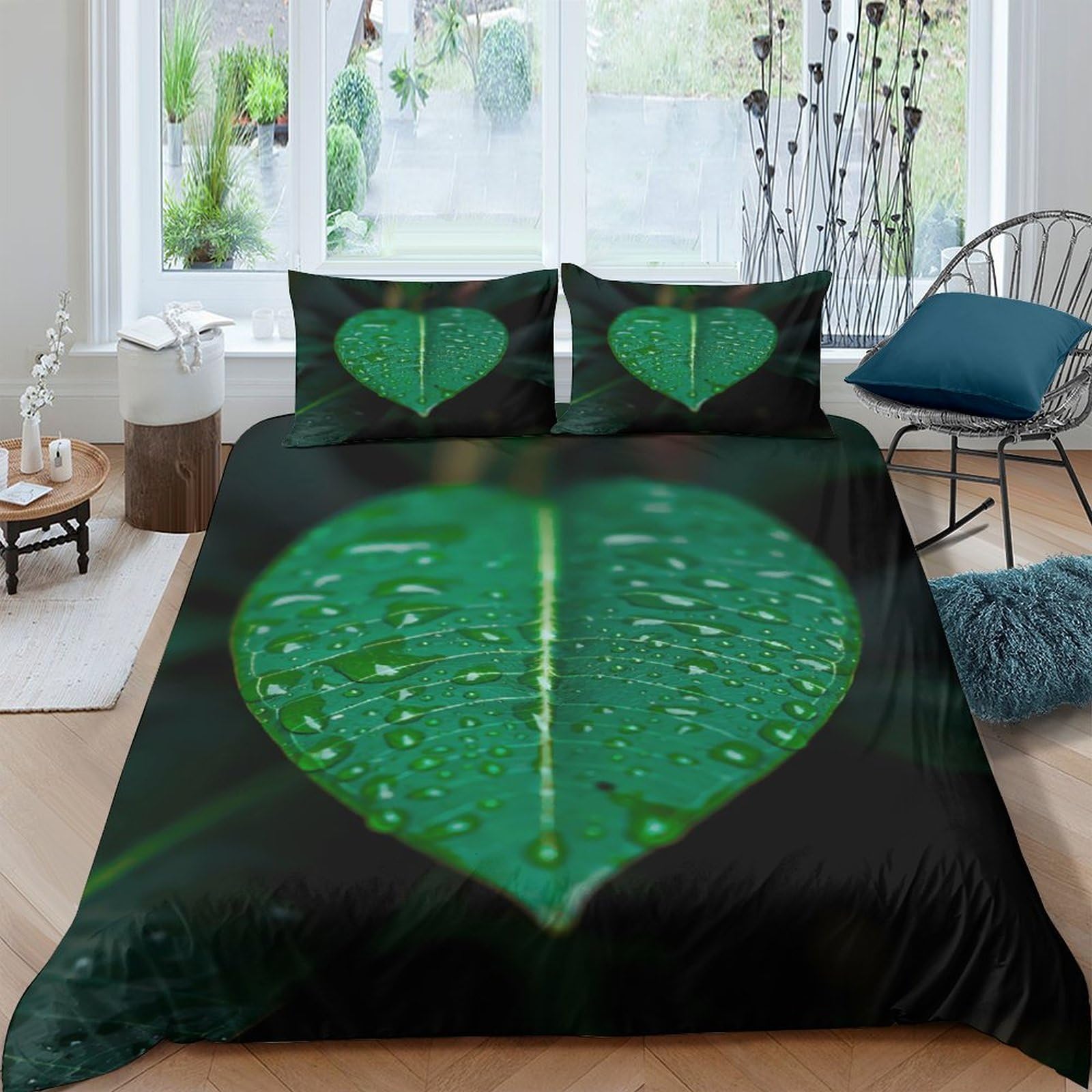 GPLZQXKJNH 3D Printed Green Leaf Heart Duvet Cover Set Microfiber Soft Breathable Water Droplets Bedding with 2 Pillowcases for Bedroom Decor Single（135x200cm）