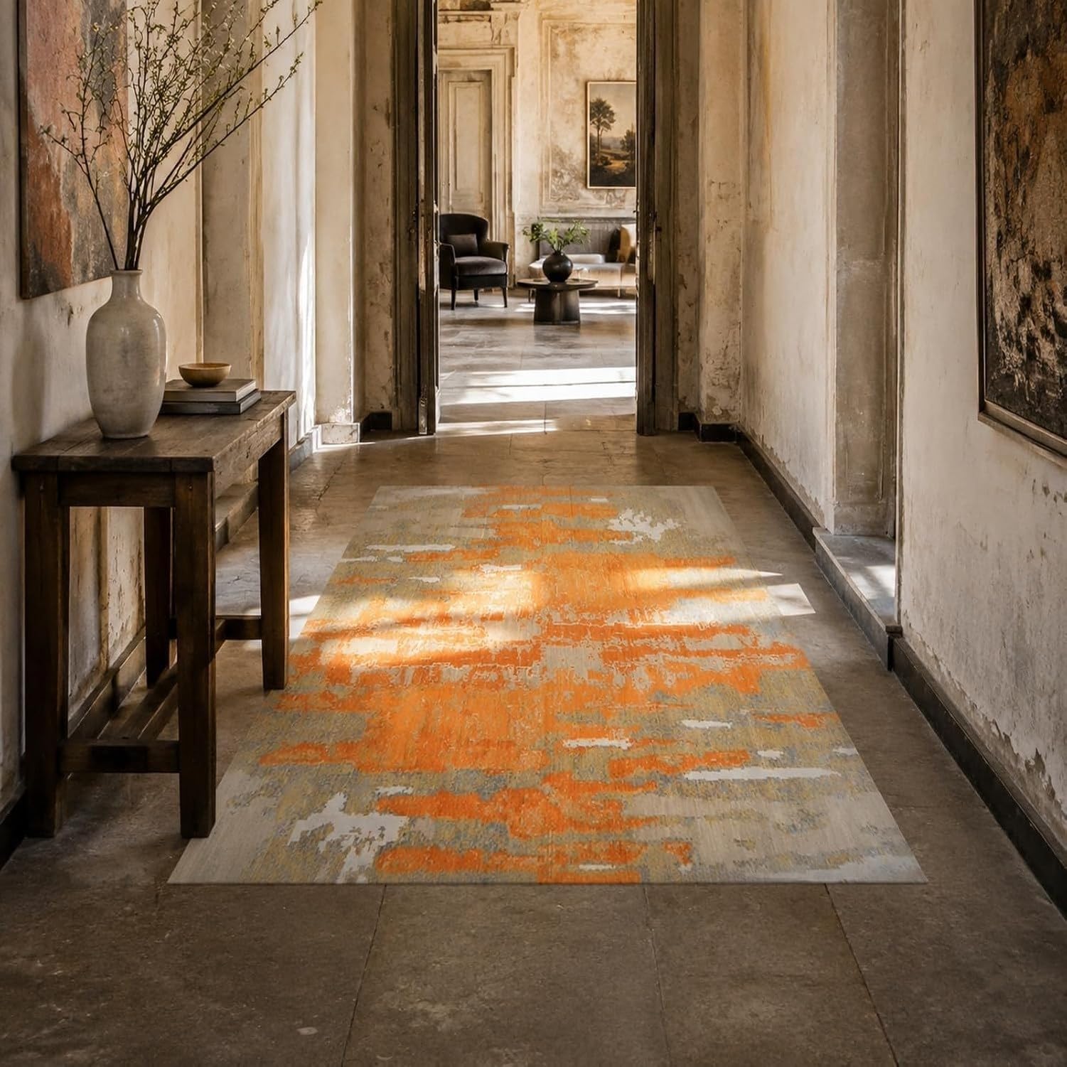 Tapis de Couloir Lavable Abstrait Orange, Orange, 70x120 cm (Rectangulaire)