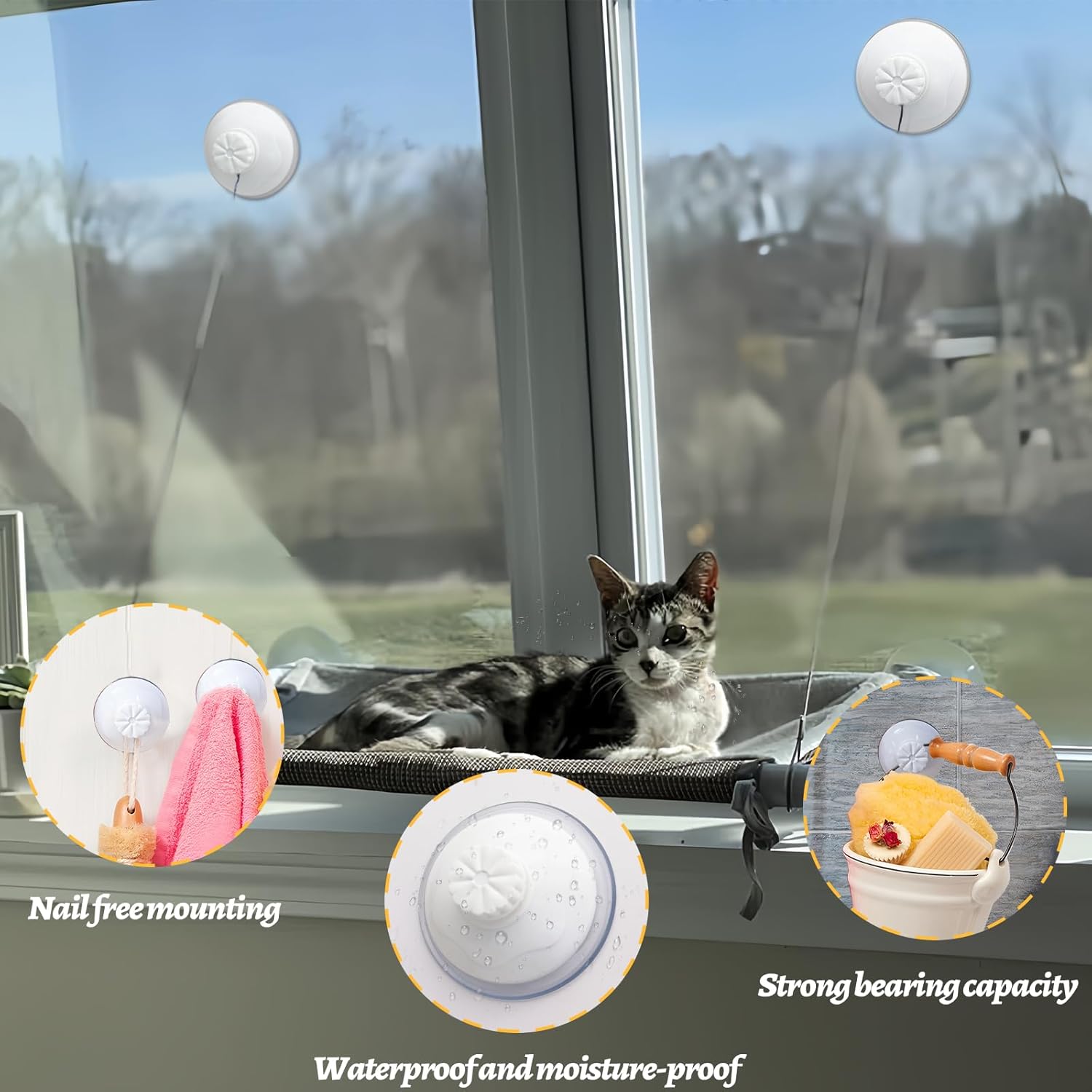 review Cat Window Perch Suction Cups, 2Pcs Iron Screw Large Suction Cups with Protective Cover for Cat Window Hammock, Premium PVC Strong Suction Cups for Glass, Wall (82mm)
