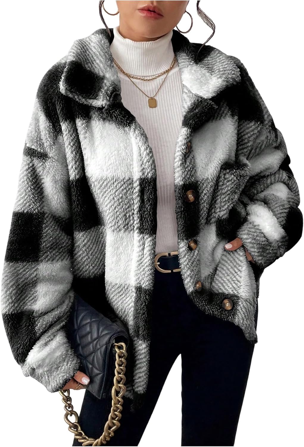 SHENHE Women's Plaid Fuzzy Fleece Jacket Button Down Oversized Sherpa Warm Coat Outerwear