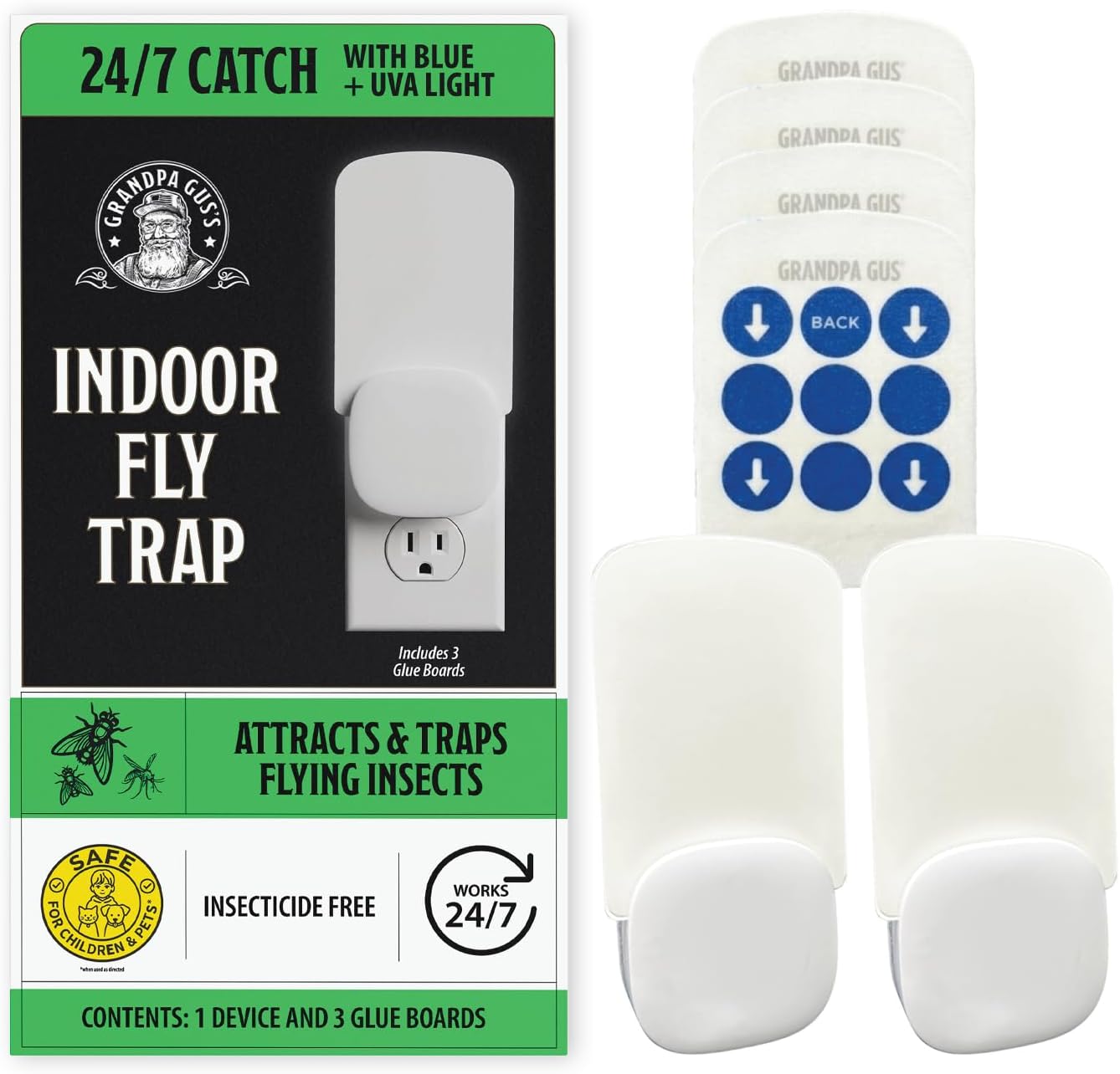 Grandpa Gus’s Indoor Fly Trap Plug-In 2 Pack - UV Light Insect Catcher for Flies, Gnats, Fruit Flies, Mosquitoes, Moths - No Insecticides, Sticky Glue Trap for Kitchen, Garage, w/ 4 Refill Glue Boards
