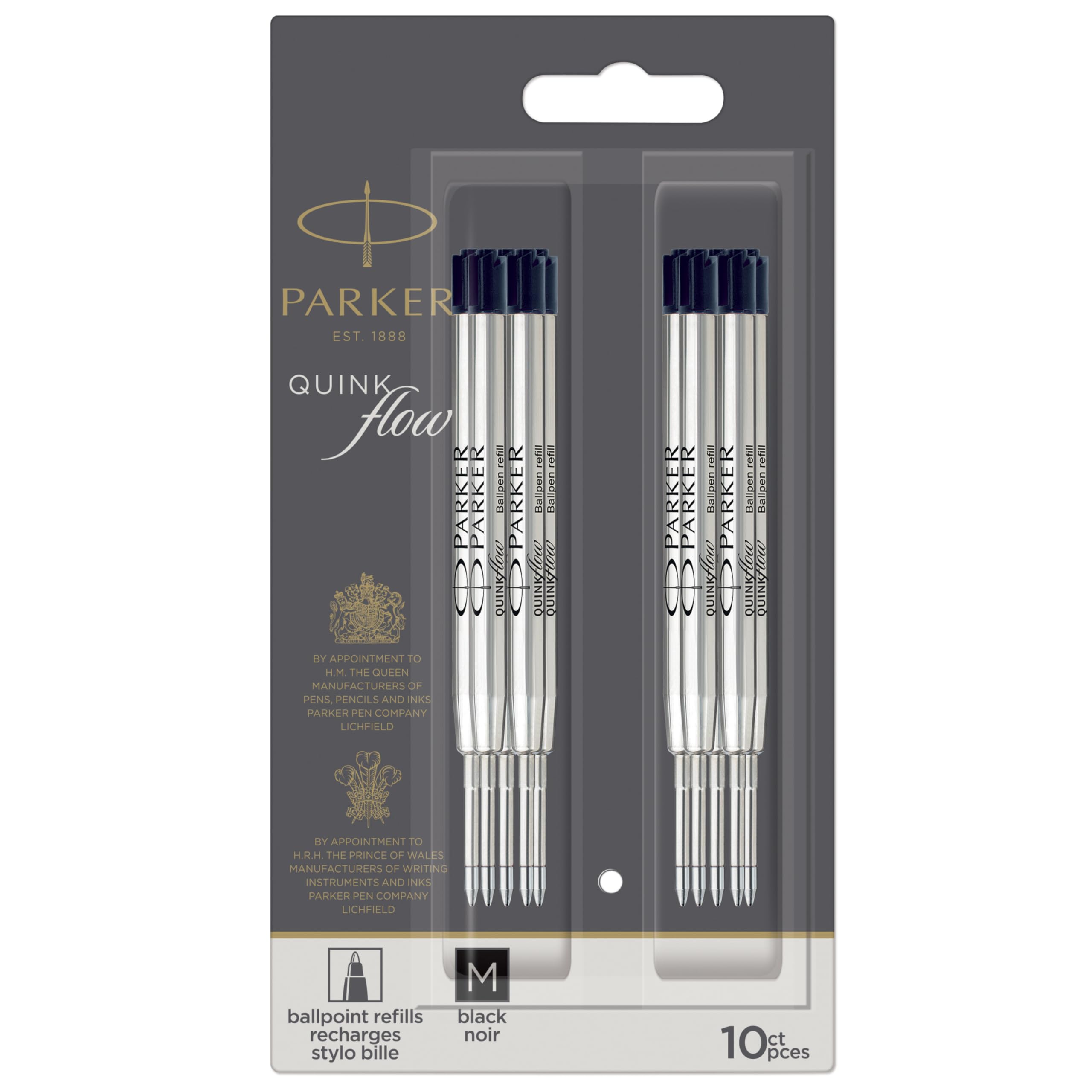 Parker QUINKflow Authentic Black Ink Refills, Medium Point, For Ballpoint Pens, 10 Count - Desk, Office Supplies, Everyday Writing