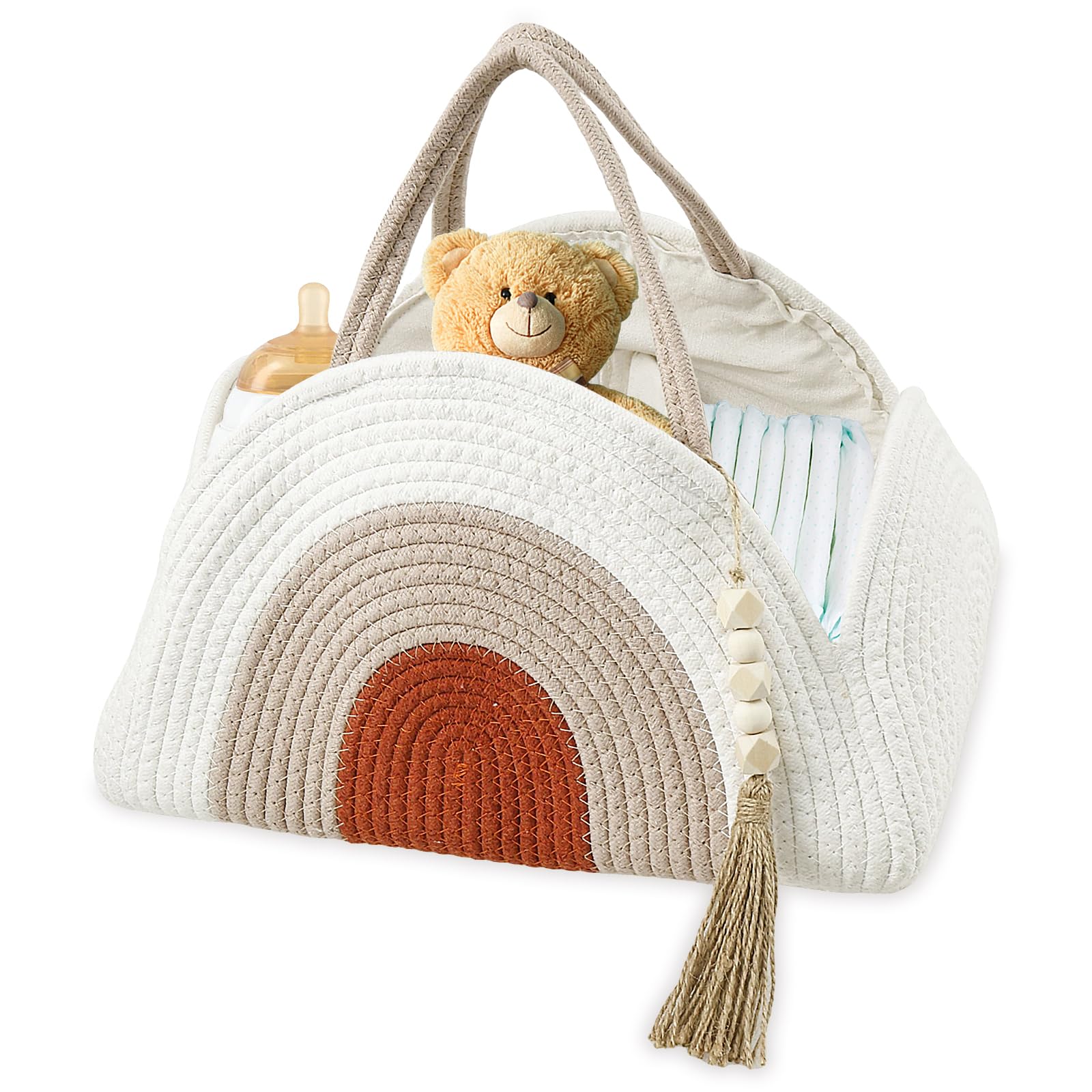 Baby Nappy Caddy Organiser Arc Design Cotton Rope Woven Diaper Caddy Basket Large Capacity Nursery Storage Basket with Handle Portable Car Diaper Bag, Baby Shower Gifts for Newborn(White Khaki) — image 1