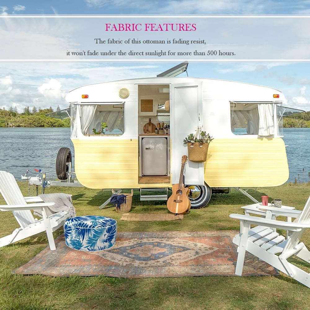 Fabritones Outdoor Inflatable Ottoman Cover Round 21x9 Inch Blue Leaf Pattern Patio Foot Stools and Ottomans Cover